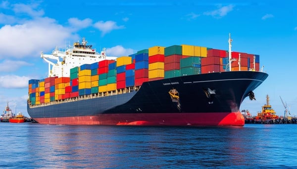 A dramatic, lowangle perspective of a massive container ship at berth, loaded with colorful containers, under a clear blue sky