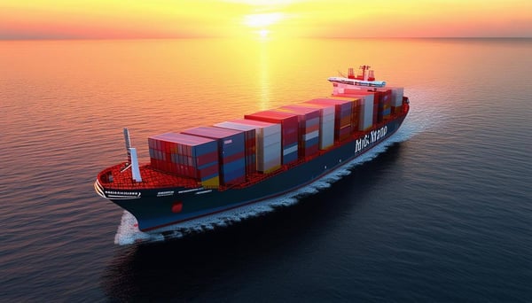 draw the container ship with have many cargo on the sea with the sunset high angle