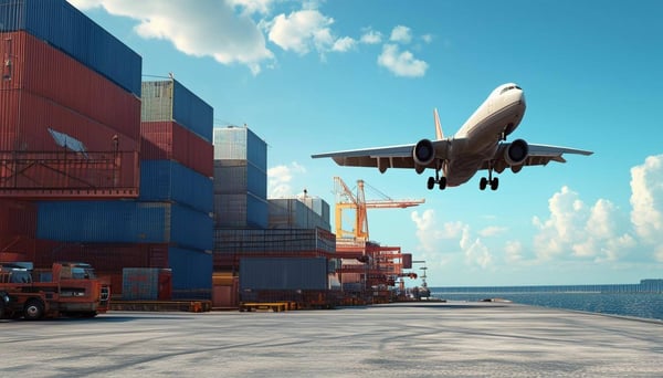 generate the images with cargos warehouses on the port near to the sea, the airplane on the sky-1