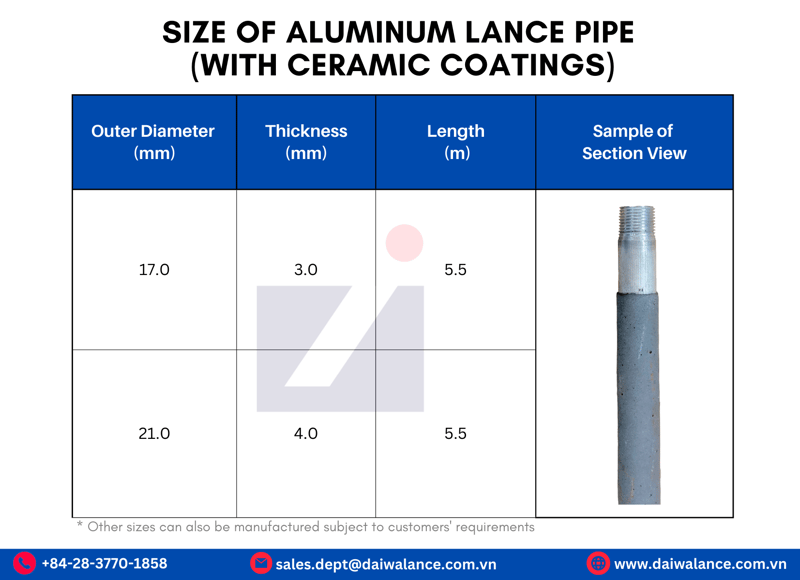 Sizes of Aluminum Lance Pipes with Ceramic Coatings