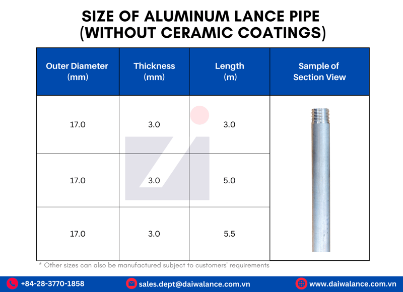 Sizes of Aluminum Lance Pipes without Ceramic Coatings
